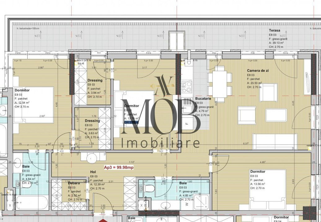 Apartament 4 camere, 2 bai, 100 mp utili, terasa 25 mp, finisat, Zorilor