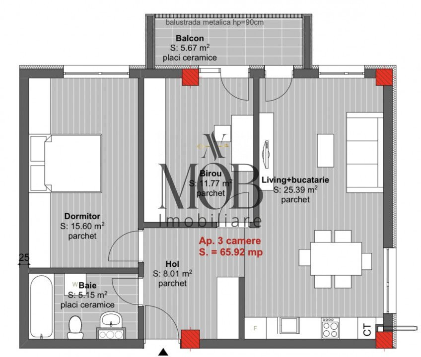 Apartament 3 camere, 66mp utili, balcon, etaj intermediar, parcare, Cetatii