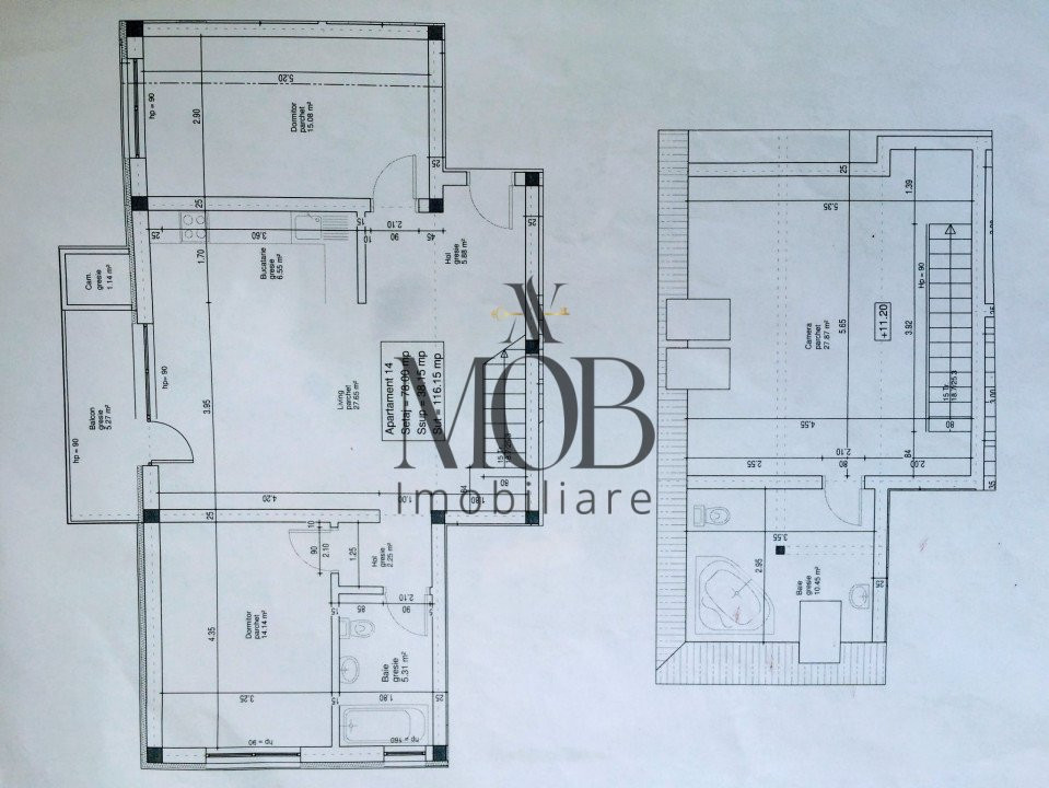 Apartament 2 niveluri, 4 camere, 2 bai, 116 mp utili, balcon, parcare, Subcetate