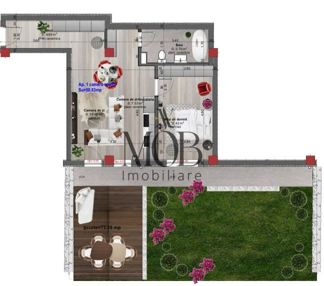 Apartament cu 2 camere, 51mp utili, gradina 73mp, FINISAT, parcare, Terra